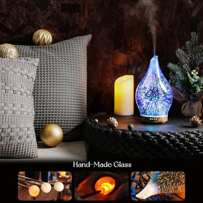 Essential Oil Diffuser 3D Glass Aromatherapy Ultrasonic Humidifier, Air Refresh Auto Shut-Off, Timer Setting, BPA Free for Home Hotel Yoga Leisure SPA Gift 100Ml Last 4H